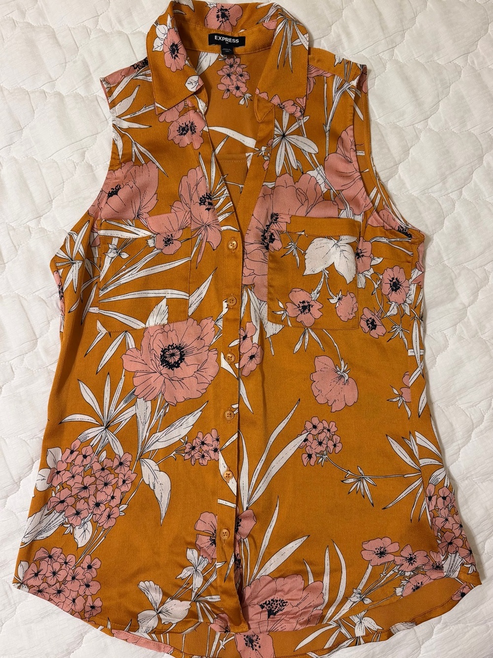 Express Sleeveless Button-Front Floral Shirt in Mustard and Pink